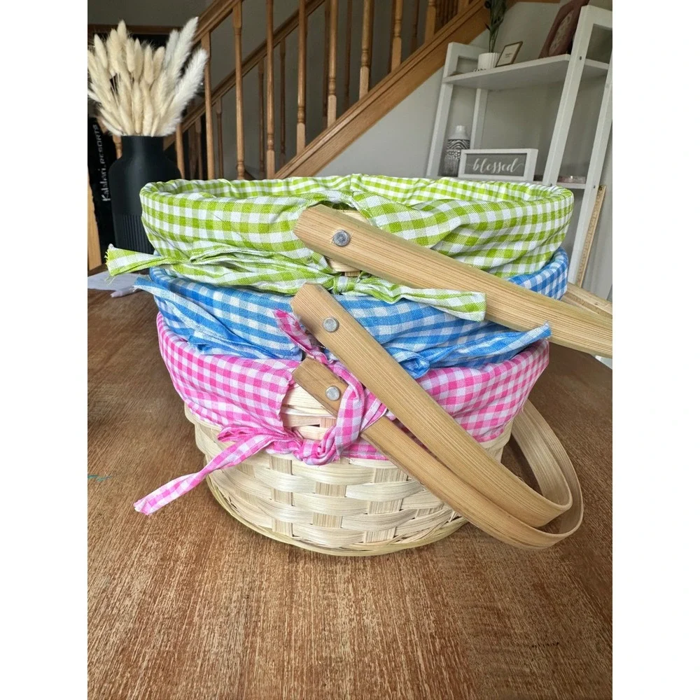 Set of 3 Woven Bamboo Easter Baskets Gingham Plaid Liners Pink Blue Green Handle